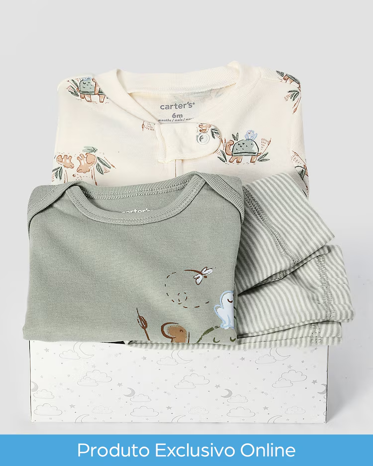 Kit conjunto longo bebê 3 peças tartaruga com listras + caixa presente P nuvens multicor | Carter's