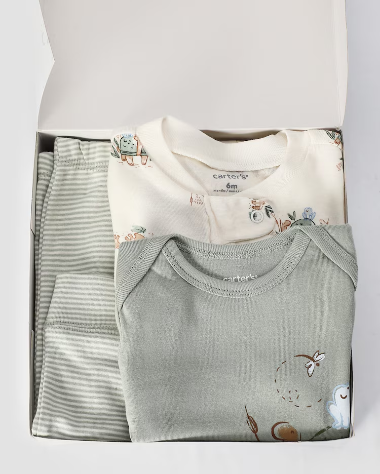 Kit conjunto longo bebê 3 peças tartaruga com listras + caixa presente P nuvens multicor | Carter's