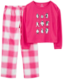 Pijama longo infantil 2 peças fleece xadrez pinguim rosa | Carter's